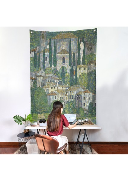 Gustav Klimt - Cassone'deki Kilise Selvili Manzara Duvar ÖRTÜSÜ-8095