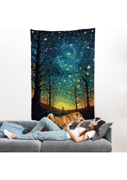 Vincent Van Gogh Tarzı Yıldızlı Gece Duvar ÖRTÜSÜ-7533