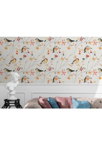 Mlt Brnd PRODUCT092 Açağ Dallarındaki Sevimli Kuşlar Desenli Duvar KAĞIDI-5760