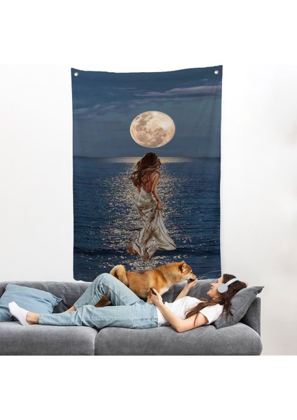 Deniz Üstünde Aya Doğru Yürüyen Soyut Kadın Duvar ÖRTÜSÜ-7684