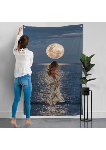Deniz Üstünde Aya Doğru Yürüyen Soyut Kadın Duvar ÖRTÜSÜ-7684 modelleri