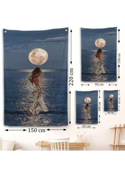 Deniz Üstünde Aya Doğru Yürüyen Soyut Kadın Duvar ÖRTÜSÜ-7684 fırsatları