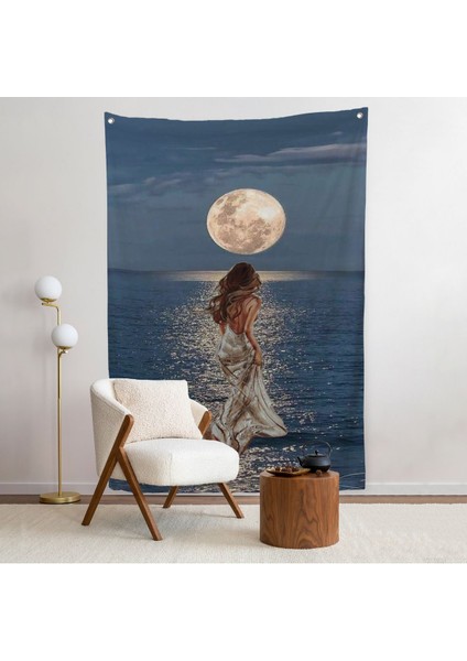 Deniz Üstünde Aya Doğru Yürüyen Soyut Kadın Duvar ÖRTÜSÜ-7684