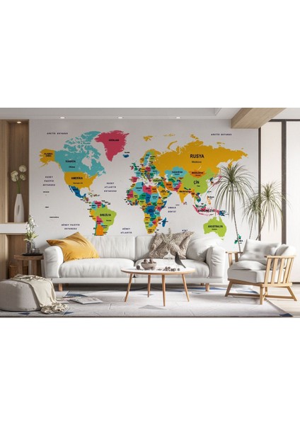 Türkçe Dünya Haritası Dekoratif Duvar Kağıdı Ülke ve Başkentli Duvar KAĞIDI-1542 fırsatları