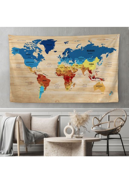 Ahşap Görünümlü Eğitici Detaylı Atlası Dekoratif Dünya Haritası Duvar Örtüsü-Halısı 3856