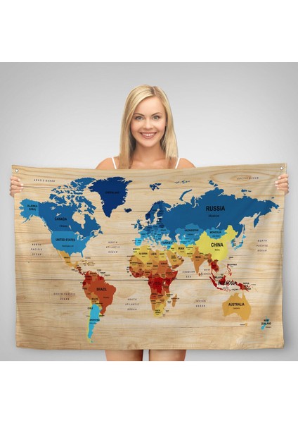 Ahşap Görünümlü Eğitici Detaylı Atlası Dekoratif Dünya Haritası Duvar Örtüsü-Halısı 3856 fiyatları