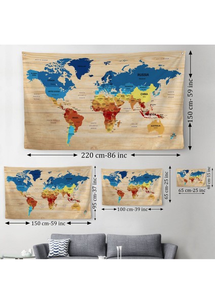 Ahşap Görünümlü Eğitici Detaylı Atlası Dekoratif Dünya Haritası Duvar Örtüsü-Halısı 3856 modelleri