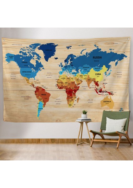 Ahşap Görünümlü Eğitici Detaylı Atlası Dekoratif Dünya Haritası Duvar Örtüsü-Halısı 3856