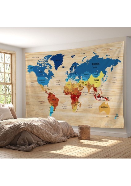 Ahşap Görünümlü Eğitici Detaylı Atlası Dekoratif Dünya Haritası Duvar Örtüsü-Halısı 3856