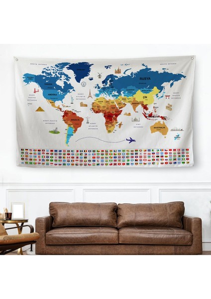 Ülke Bayrak Lı Eğitici Başkent Detaylı Atlası Dekoratif Dünya Haritası Duvar Örtüsü-Halısı 3857