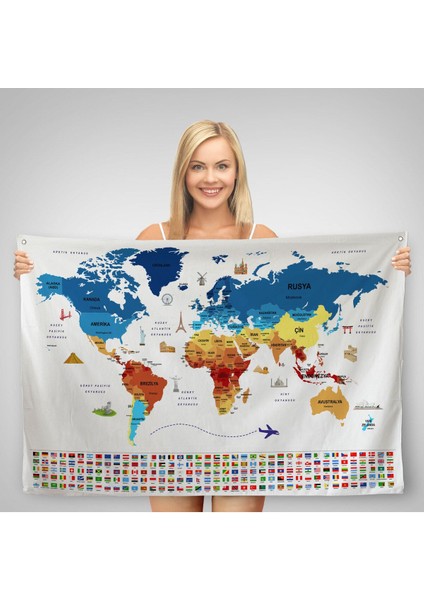 Ülke Bayrak Lı Eğitici Başkent Detaylı Atlası Dekoratif Dünya Haritası Duvar Örtüsü-Halısı 3857 fiyatları