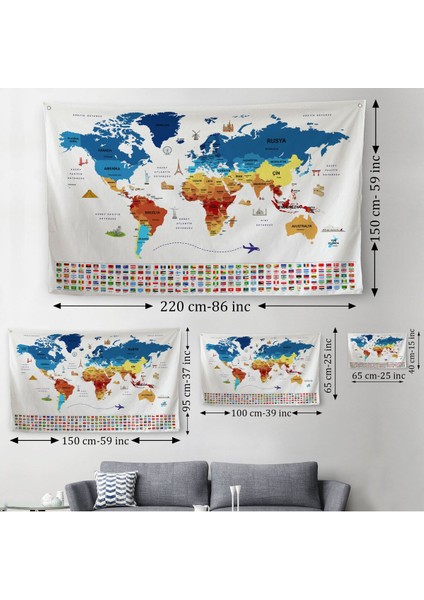Ülke Bayrak Lı Eğitici Başkent Detaylı Atlası Dekoratif Dünya Haritası Duvar Örtüsü-Halısı 3857 modelleri