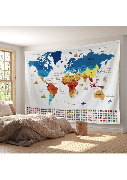 Ülke Bayrak Lı Eğitici Başkent Detaylı Atlası Dekoratif Dünya Haritası Duvar Örtüsü-Halısı 3857