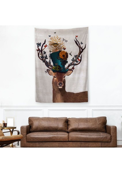 Sürreal Şapkalı Geyik Dekoratif Duvar ÖRTÜSÜ-HALISI-6468