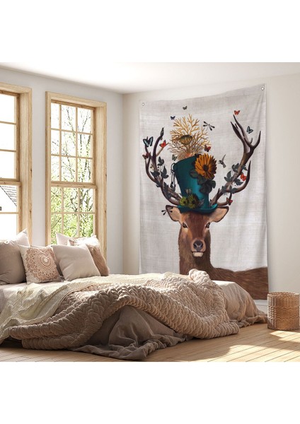 Sürreal Şapkalı Geyik Dekoratif Duvar ÖRTÜSÜ-HALISI-6468