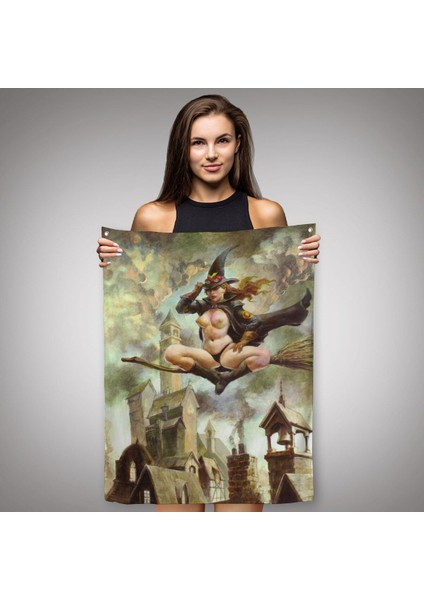Çıplak Cadı Süpürgeye Biniyor, Cadılar Bayramı Gotik Sanatı, Duvar Örtüsü - HALISI-5288 fiyatları
