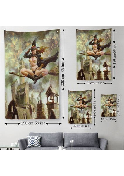 Çıplak Cadı Süpürgeye Biniyor, Cadılar Bayramı Gotik Sanatı, Duvar Örtüsü - HALISI-5288 modelleri