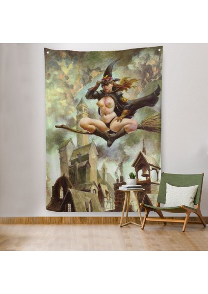 Çıplak Cadı Süpürgeye Biniyor, Cadılar Bayramı Gotik Sanatı, Duvar Örtüsü - HALISI-5288