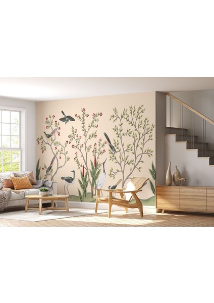 Kuşburnu Ağacı ve Kuşlar Desenli Dekoratif Duvar KAĞIDI-5619 fiyatları
