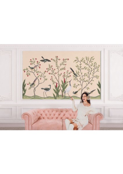 Kuşburnu Ağacı ve Kuşlar Desenli Dekoratif Duvar KAĞIDI-5619 modelleri