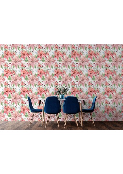 Pembe Çiçek ve Yaprak Desenli Duvar KAĞIDI-5587