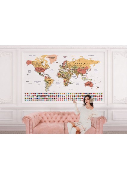 Hg Bayraklı Dünya Haritası Duvar Kağıdı Ingilizce Eğitici ve DETAYLI-2788