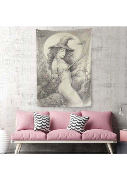 Şabat'a Cadı Uçuşu, Vintage Cadılar Bayramı, Wiccan Tuhaflıkları Duvar Örtüsü - HALISI-5284