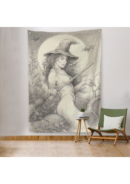 Şabat'a Cadı Uçuşu, Vintage Cadılar Bayramı, Wiccan Tuhaflıkları Duvar Örtüsü - HALISI-5284