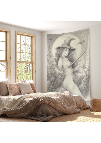 Şabat'a Cadı Uçuşu, Vintage Cadılar Bayramı, Wiccan Tuhaflıkları Duvar Örtüsü - HALISI-5284