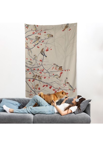 Kuşburnu Ağacındaki Kuşlar Duvar ÖRTÜSÜ-8042