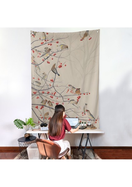 Kuşburnu Ağacındaki Kuşlar Duvar ÖRTÜSÜ-8042