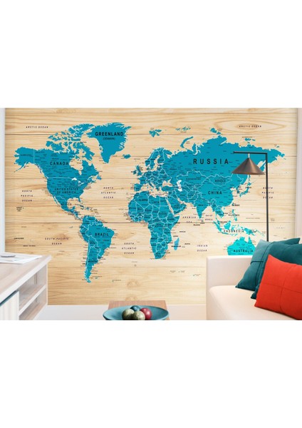 Ingilizce Dünya Haritası Duvar Kağıdı Ahşap Görünümlü Detaylı -1789