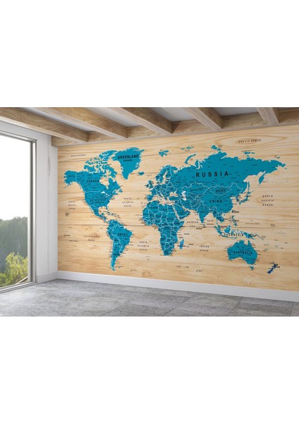 Ingilizce Dünya Haritası Duvar Kağıdı Ahşap Görünümlü Detaylı -1789 fiyatları