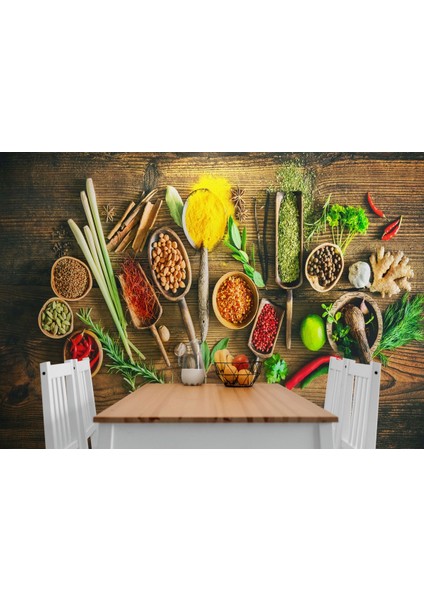 Mutfak Kesme Tahtası Üzerinde Baharatla Duvar KAĞIDI-3586