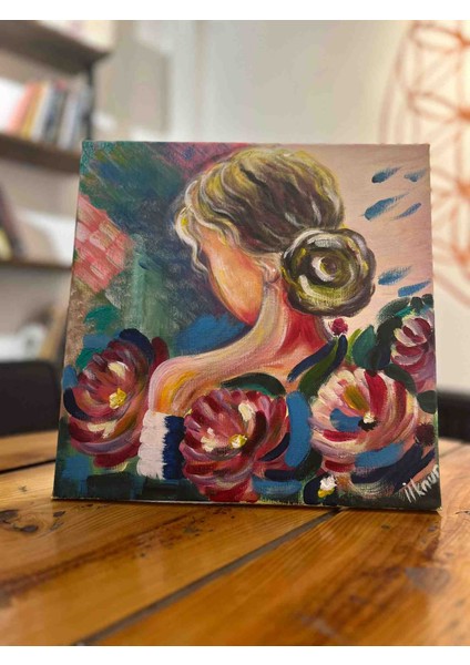 Kadının Sessiz Gücü Patiska Tasarım El Yapımı Akrilik Tablo | 30X30 cm | Kadın ve Çiçek Desenli fırsatları