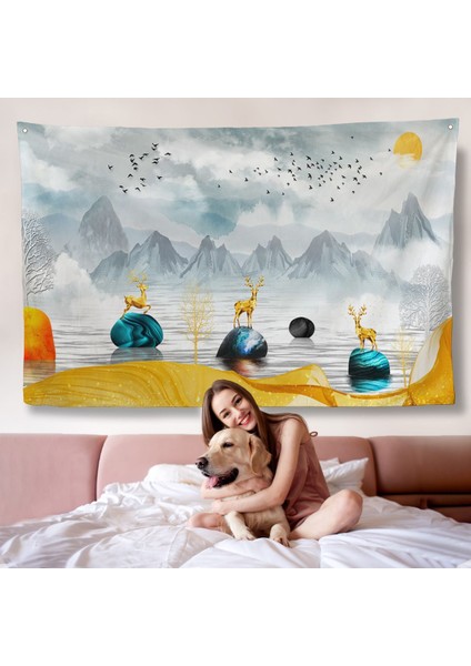 3D Modern Tasarım Altın Geyikler Duvar ÖRTÜSÜ-7196