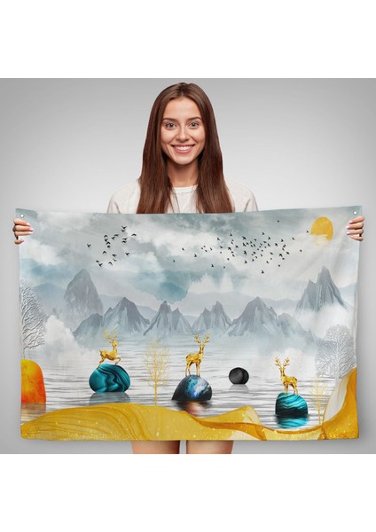 3D Modern Tasarım Altın Geyikler Duvar ÖRTÜSÜ-7196