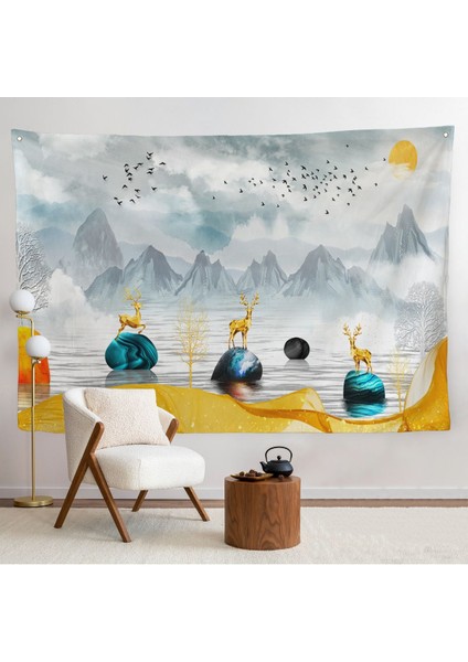 3D Modern Tasarım Altın Geyikler Duvar ÖRTÜSÜ-7196