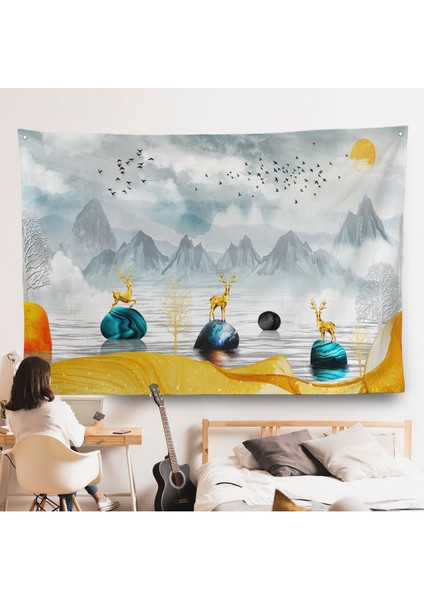 3D Modern Tasarım Altın Geyikler Duvar ÖRTÜSÜ-7196