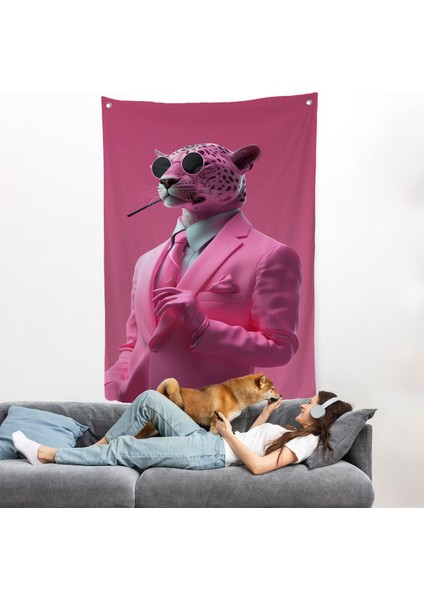 Sigara Içen Pembe Leopar Duvar ÖRTÜSÜ-7859