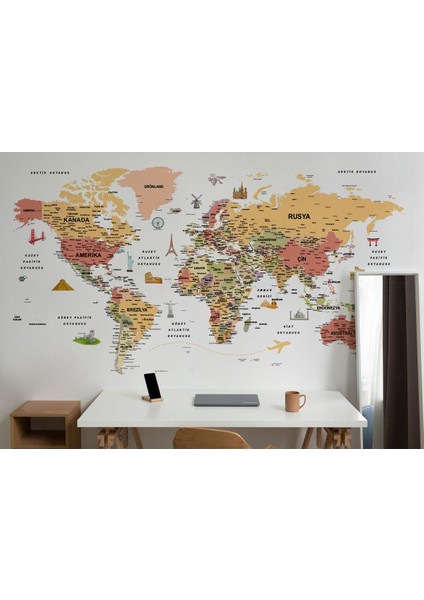 Türkçe Dünya Haritası Son Derece Ayrıntılı Eğitici ve Sembollü Duvar KAĞIDI-3206