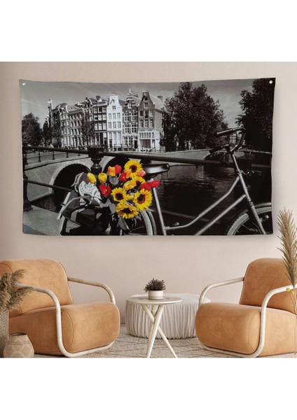 Amsterdam Kanallarındaki Bisiklet ve Laleler Duvar ÖRTÜSÜ-HALISI-6594
