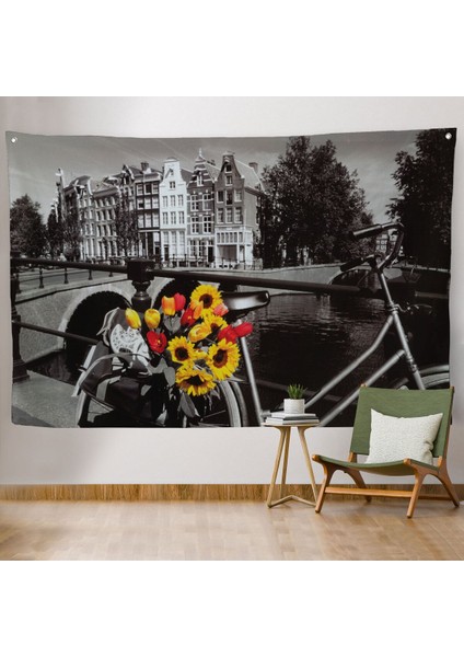 Amsterdam Kanallarındaki Bisiklet ve Laleler Duvar ÖRTÜSÜ-HALISI-6594