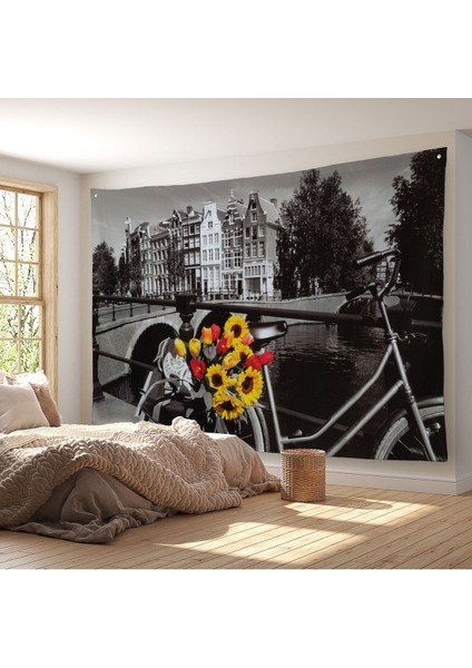 Amsterdam Kanallarındaki Bisiklet ve Laleler Duvar ÖRTÜSÜ-HALISI-6594