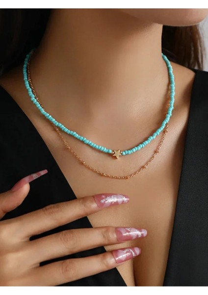 Yıldızlı Kum Boncuk Ikili Kolye