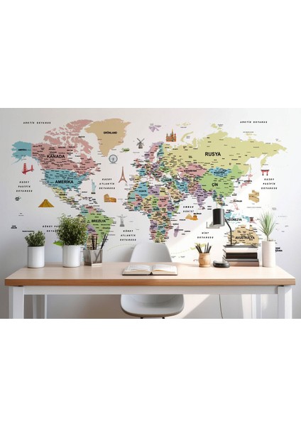 Türkçe Dünya Haritası Son Derece Ayrıntılı Eğitici ve Sembollü Duvar KAĞIDI-3204