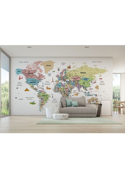 Türkçe Dünya Haritası Son Derece Ayrıntılı Eğitici ve Sembollü Duvar KAĞIDI-3204 fırsatları