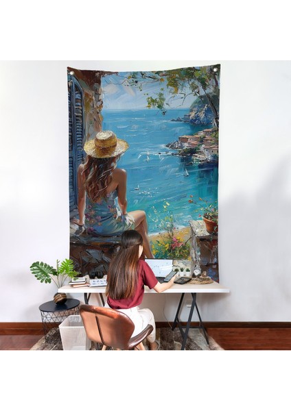 Deniz Manzarasınız Izleyen Kadın Duvar ÖRTÜSÜ-7866
