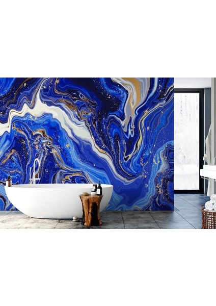 Altın ve Mavi Soyut Mermer Desenli Duvar KAĞIDI-5533