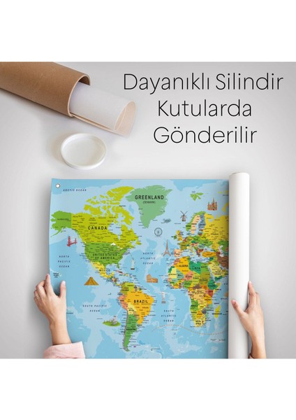 Duvar Örtüsü / Halısı Detaylı Ingilizce Güncel Dünya Haritası Kaliteli Kanvas KUMAŞ-3970